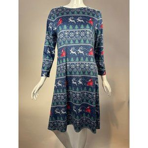 Santa Sleigh Christmas Long Sleeve Dress Size XXL Blue Cotton Blend